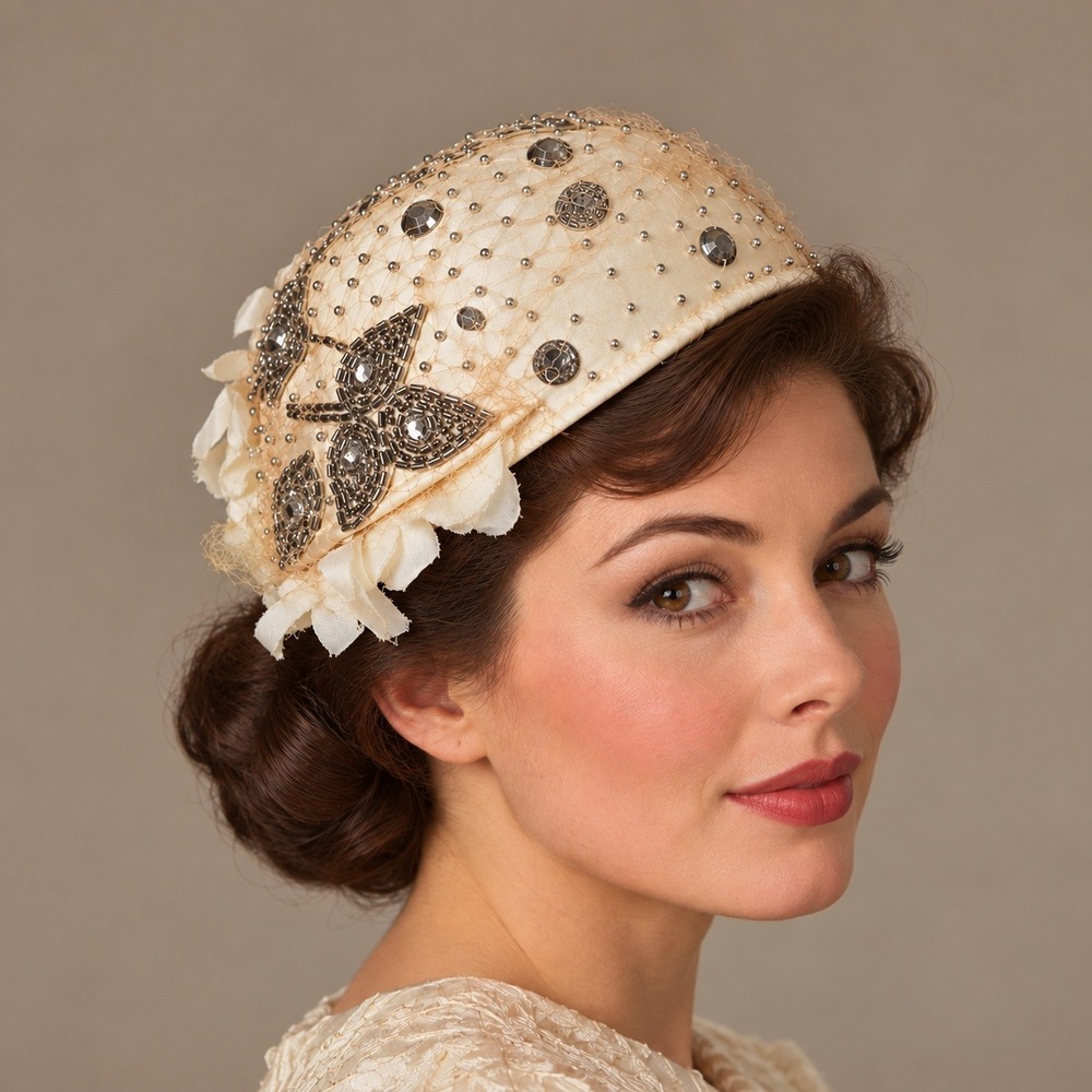 Vintage 1950's Pillbox Hat Womens OS Cream Beaded Rhinestone Floral Union Made